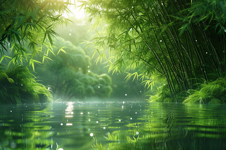 Bamboo forest with lake and sun in the morning, nature backgroundの写真素材
