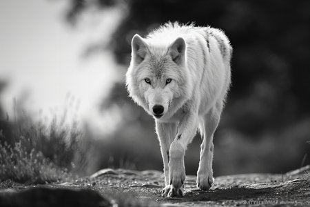 White wolf in black and white. Portrait of a wild animal.の写真素材