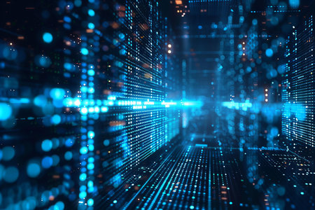 Abstract blue matrix digital background. 3d rendering toned image double exposureの写真素材