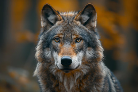 Portrait of a wolf in the autumn forest. Close-up.