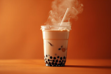 Iced milk tea with bubbles in plastic cup on orange background.の写真素材