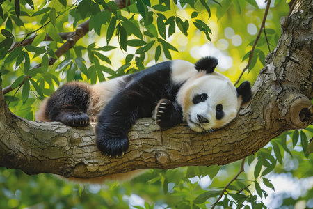 Giant panda sleeping on a tree in Beijing, China.の写真素材