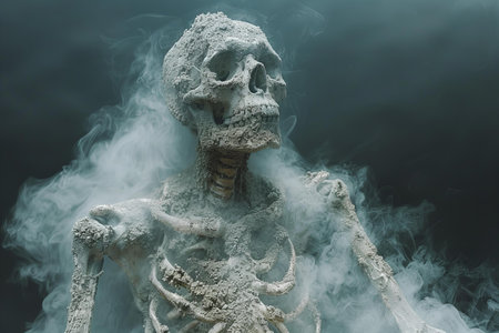 Scary skeleton in smoke. Halloween concept. Selective focus.の写真素材
