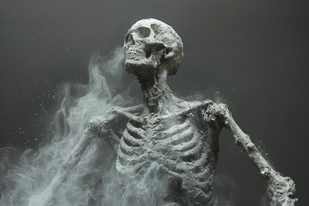 Halloween. Scary skeleton in smoke on dark grey background.