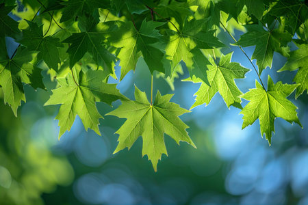 Green maple leaves on a blue bokeh background with space for text