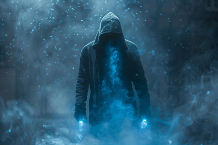 Hooded man in the smoke.
