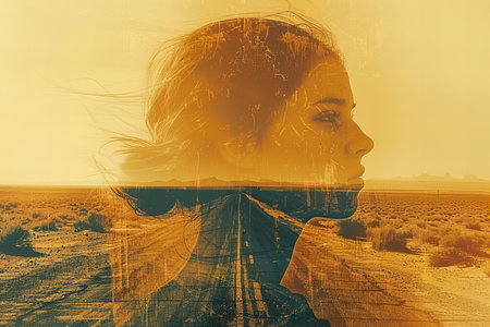 Double exposure portrait of a woman in the desert. Conceptual imageの写真素材
