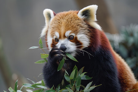 Red panda (Ailurus fulgens) eating leaves