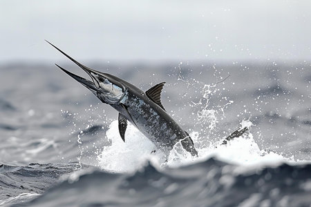 Marlin fish jumping out of the water on a stormy dayの写真素材
