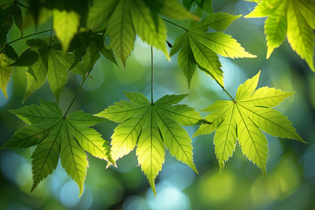 green leaves background in sunny day with bokeh and copy space