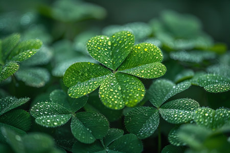 Green clover leaves with dew drops. Shallow DOF