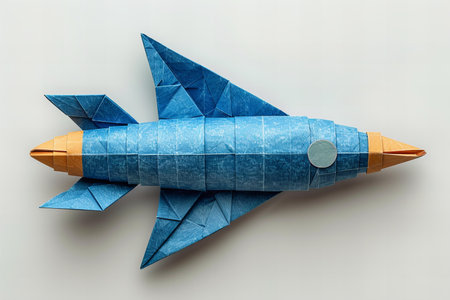 Origami rocket made of paper on white background. 3d illustration