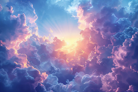 Sunset sky with clouds and rays of light. 3d renderingの写真素材