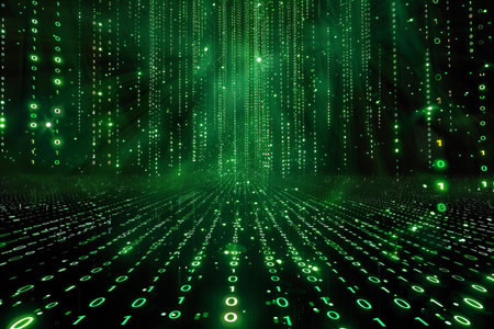 Digital binary code on a dark green background. 3d illustration.の写真素材