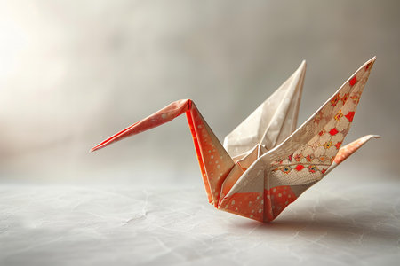 Paper origami crane on a gray background. Close-up.の写真素材