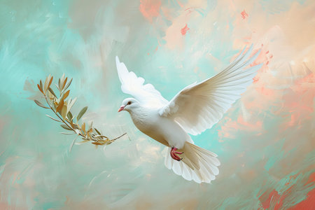 White dove with olive branch on a watercolor background. Copy space.の写真素材