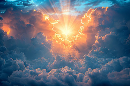 Beautiful sunset sky with clouds and sun rays. Nature background.