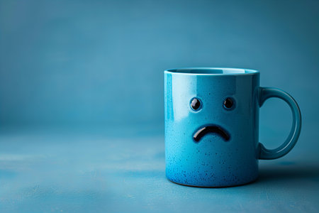 Coffee cup with sad face on blue background, depression conceptの写真素材