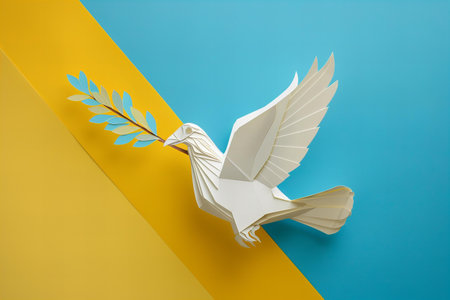 White paper dove with olive branch on a blue and yellow background.の写真素材