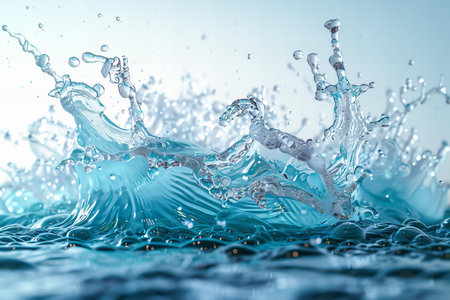 Water splash with drops and waves on blue background. 3d renderingの写真素材