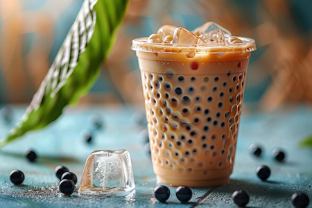 Iced Thai Milk Tea with Bubbles on a Blue Background.の写真素材