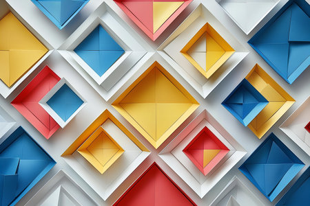 3d rendering of abstract geometric shapes in blue, yellow and red colorsの写真素材