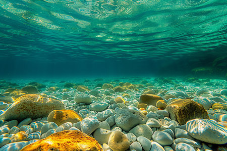Underwater view of rocks and turquoise waterの写真素材