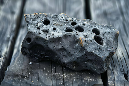 Black volcanic stone with water drops on a wooden background. Close-up.の写真素材