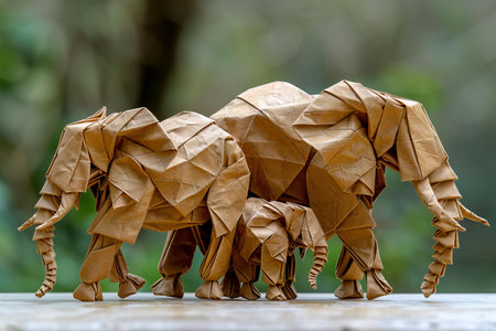 Elephant origami made from brown paper on wooden tableの写真素材