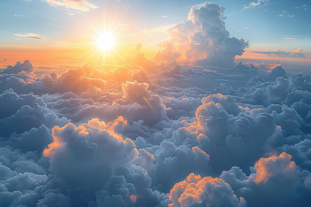 Beautiful aerial view above clouds at sunset. 3d illustration.