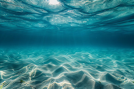 Underwater view of sandy beach with ripples and sunbeams