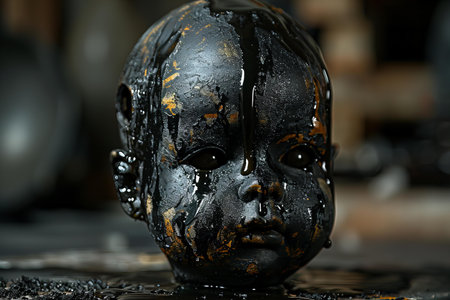 Close-up of a child's face in a black paint.の写真素材
