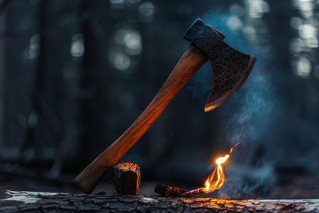 Axe with fire on a dark forest background. Selective focus.の写真素材