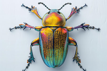 A close up shot of a colorful beetle on a white wooden surfaceの写真素材