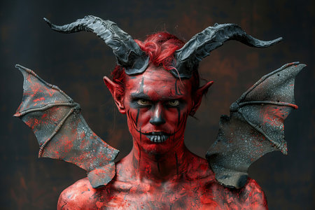 Scary devil with horns and red blood on his body. Halloween theme.