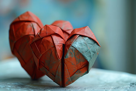 Two origami red hearts on a blue background.