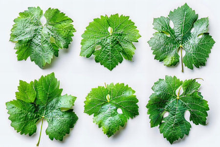Green grape leaves on white background. Flat lay, top view.