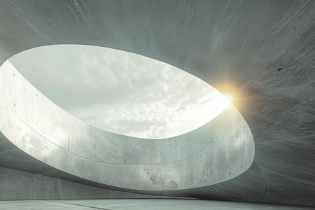 Abstract concrete interior with round window and sunlight. 3D Renderingの写真素材