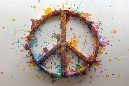 Peace sign painted with colorful paint splashes on a white background.