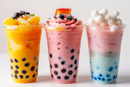 Close up of three cups of bubble tea with fruit on white background