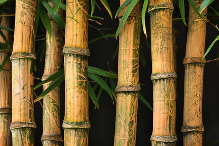 Close up of bamboo stems with green leaves on the black background.の写真素材