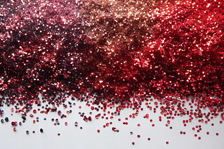 Red and black glitter confetti on a white background. Copy space.