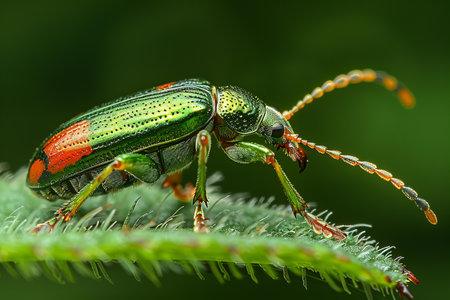 Image of green beetle on green leaves. Insect Animal. Insect Animal