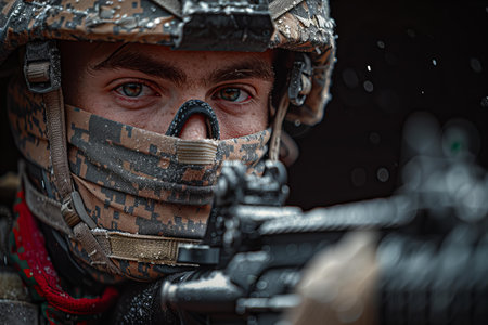 Portrait of a special forces soldier with assault rifle in action.