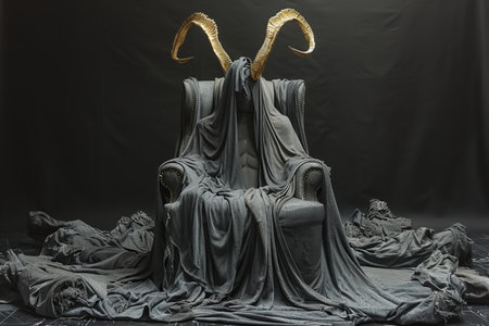 A statue of a goat on a black background.の写真素材