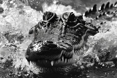 Crocodile head close up. Black and white photo.
