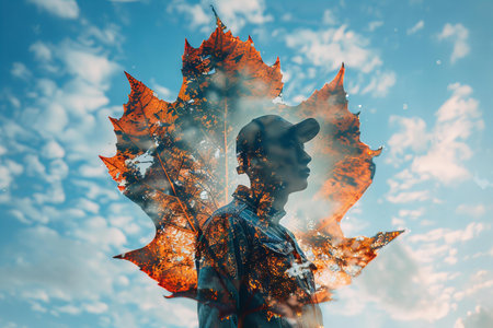 Autumn concept. Silhouette of a man with a maple leaf in his hand.