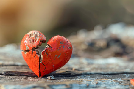 Broken heart on a wooden background. The concept of divorce and separation.の写真素材