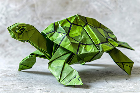 Green origami turtle on a concrete background. Close-up.の写真素材