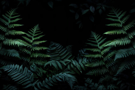 Dark green fern leaves on a black background. Toned.の写真素材